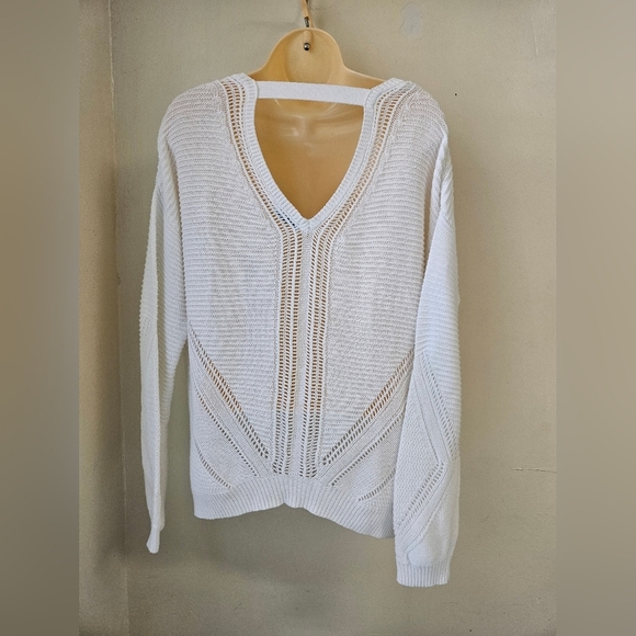Dex/ SweaterWomen's S White V-Neck Knit Crochet - Picture 2 of 5